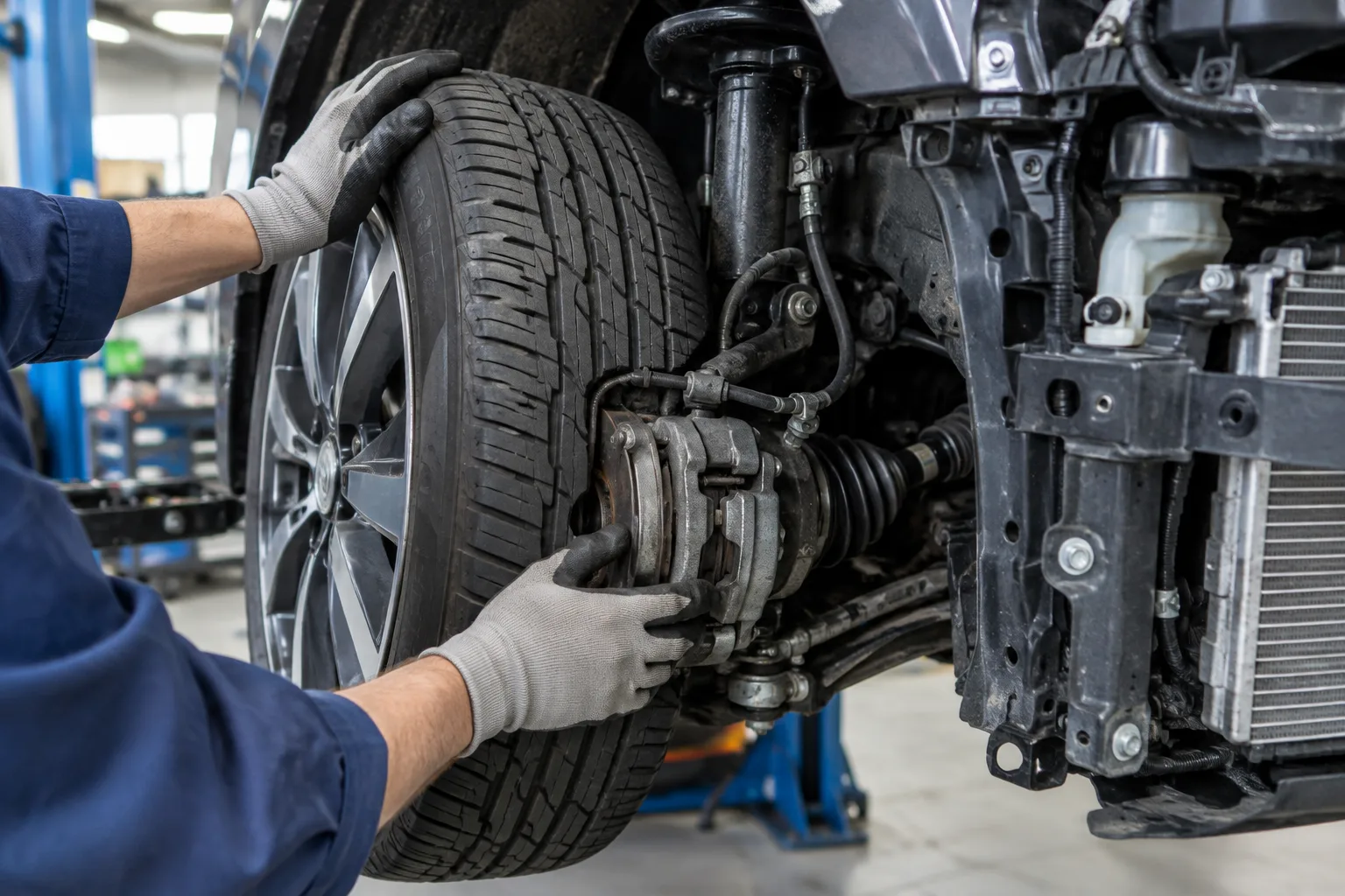 Un mécanicien inspecte les éléments d’une voiture dans un atelier.