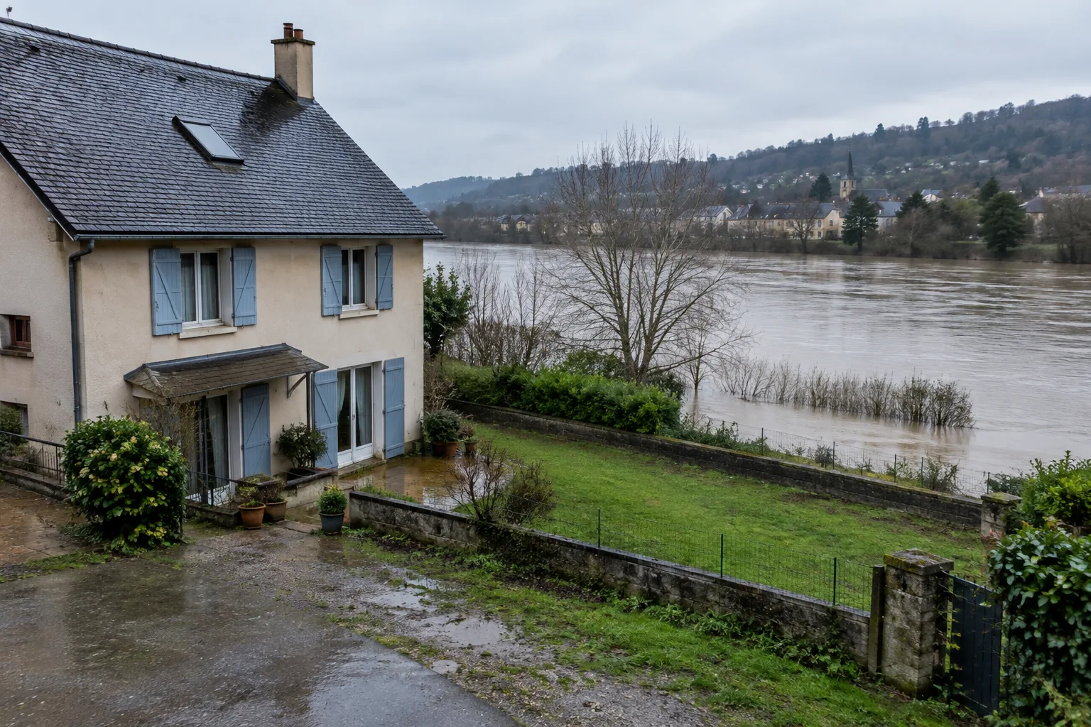 Maison située près d’un cours d’eau après la pluie, illustrant l’influence de la localisation sur le risque.