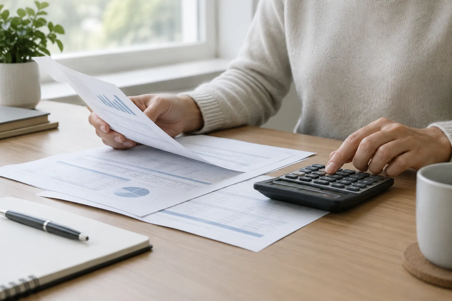 Des mains consultent des documents financiers à côté d’une calculatrice.