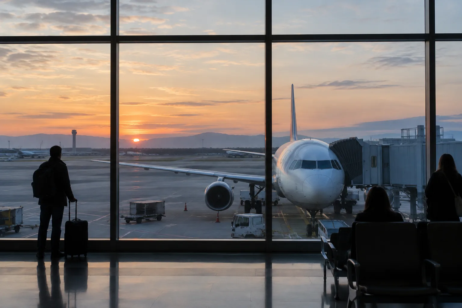 Un avion stationné devant une porte d’embarquement, vu depuis le terminal.