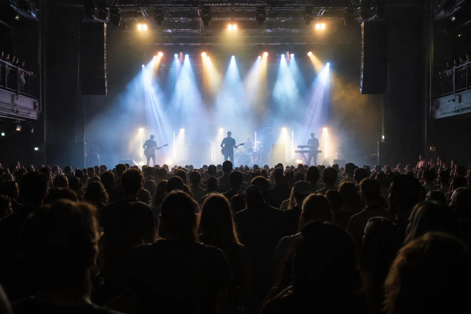 Une salle de concert remplie de spectateurs face à une scène éclairée.