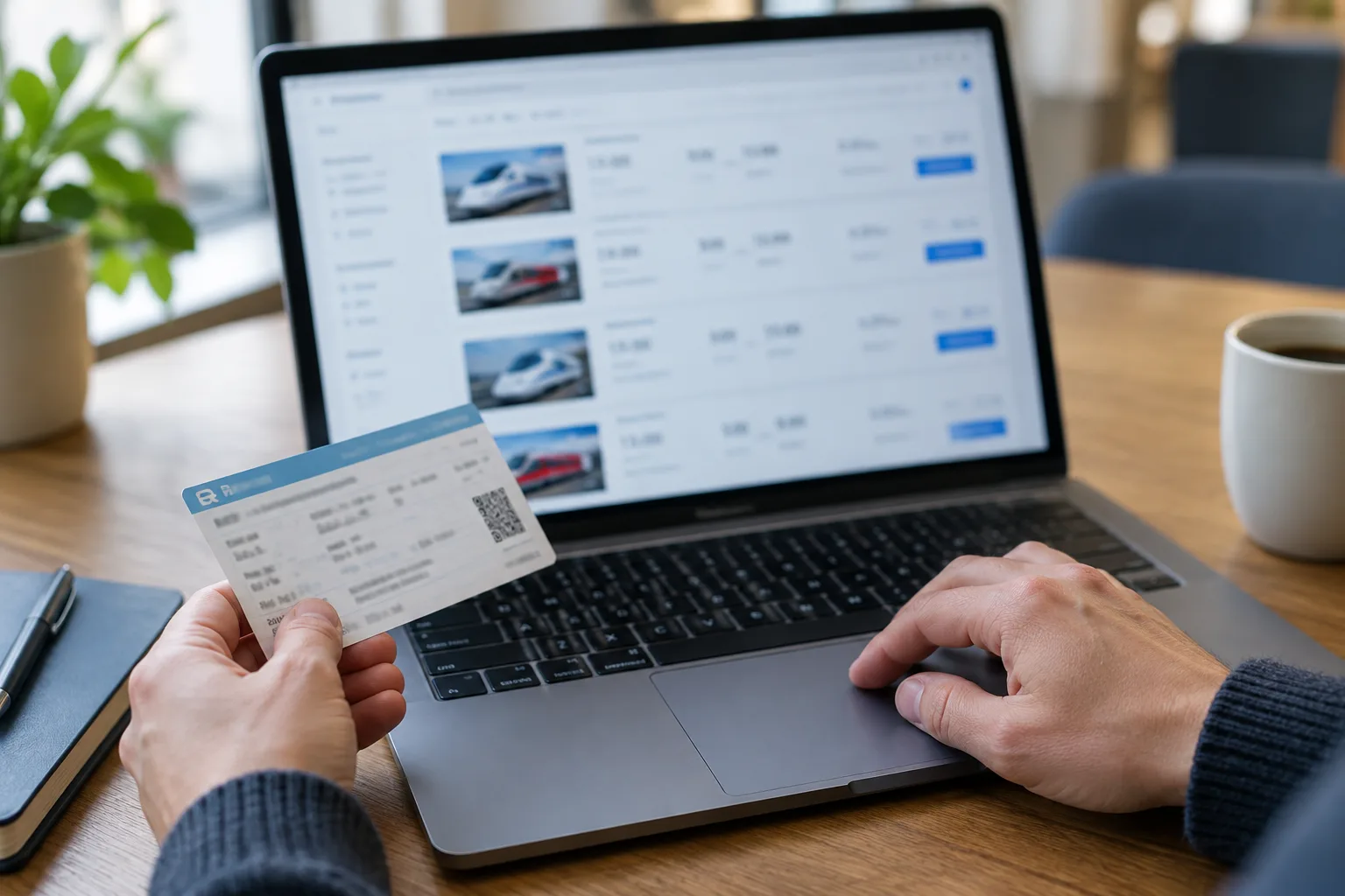 Des mains consultent des options de billets de train sur un ordinateur portable.