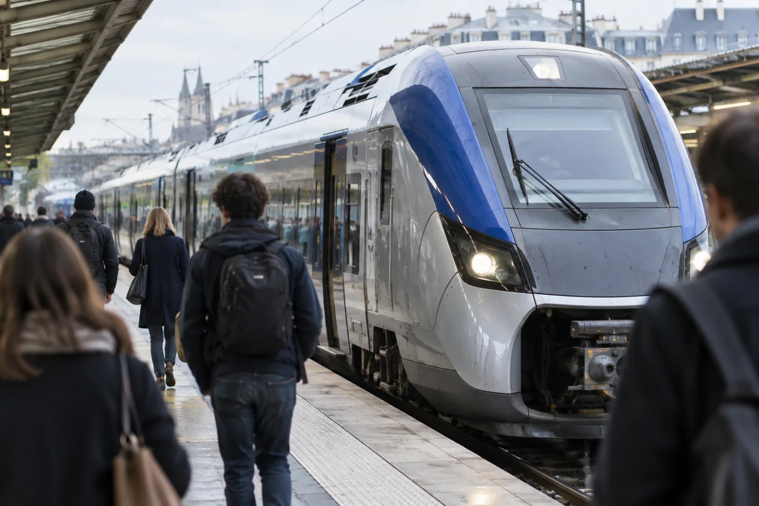 Un train de voyageurs à quai dans une gare, prêt au départ.