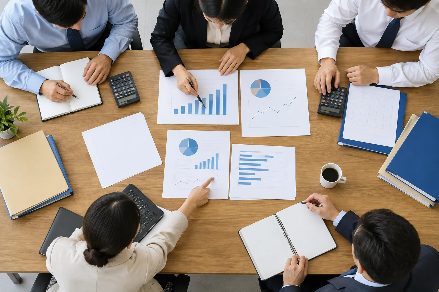 Des documents budgétaires et une calculatrice sont examinés autour d’une table de travail.