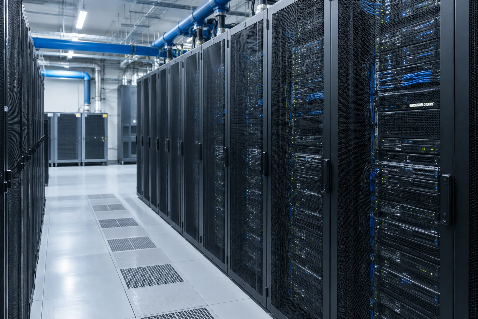 Rangées de serveurs dans une salle informatique équipée d’un système de refroidissement.