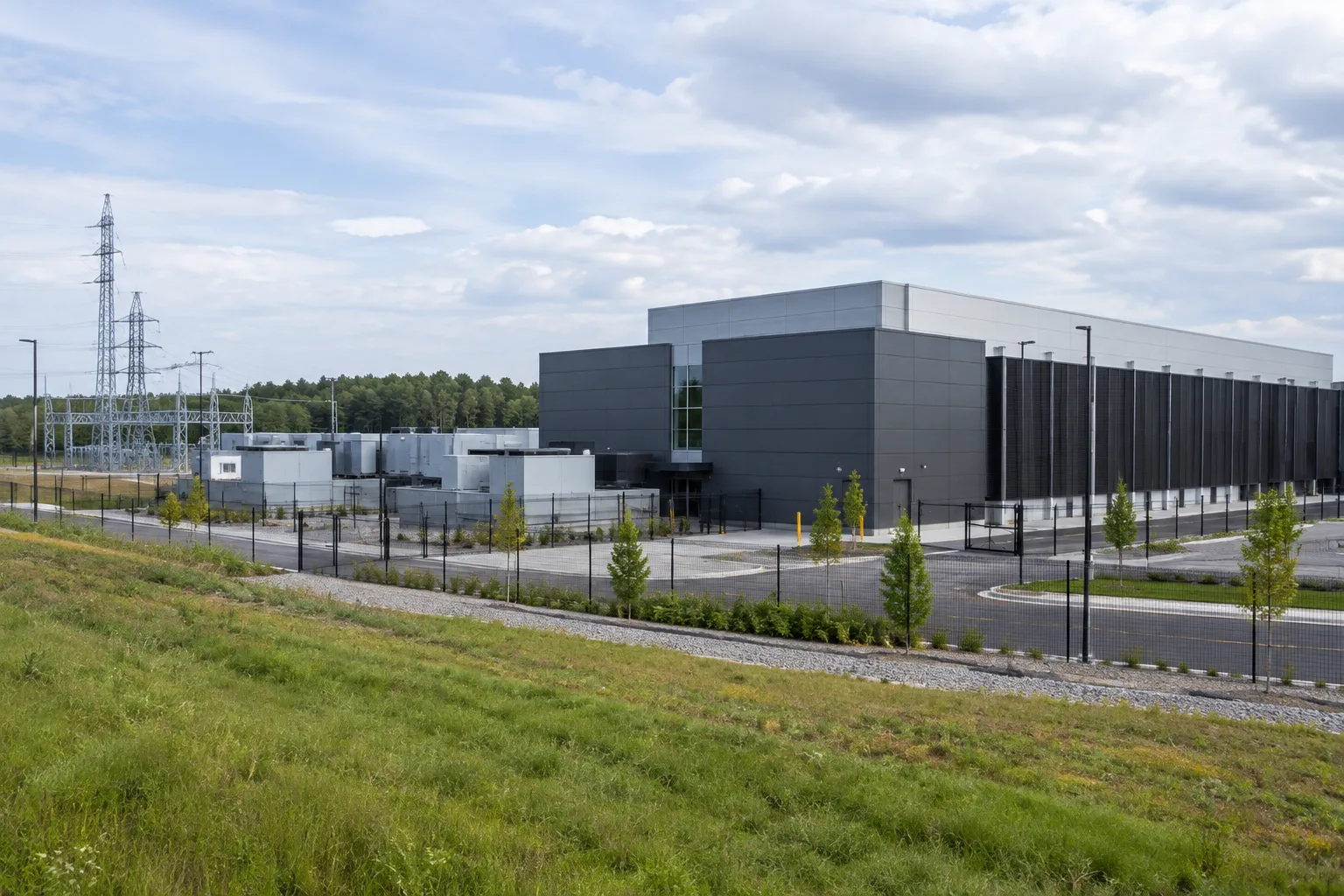 Bâtiment moderne d’un centre de données avec des équipements électriques à proximité.