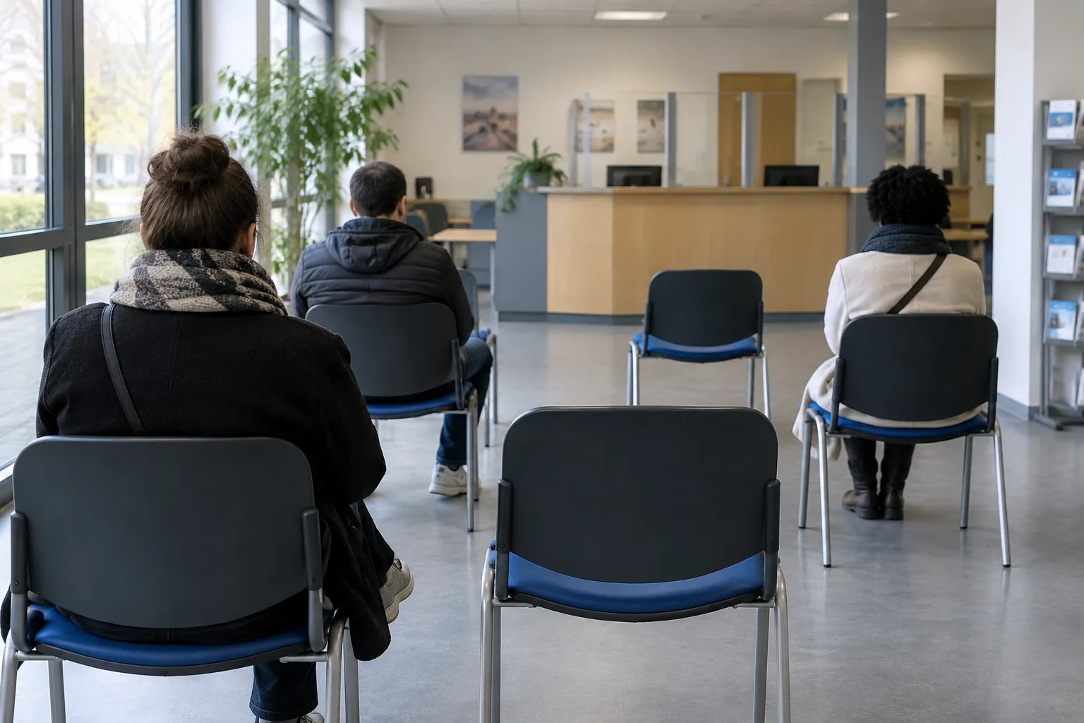Des personnes attendent dans un espace d’accueil lié à la recherche d’emploi.