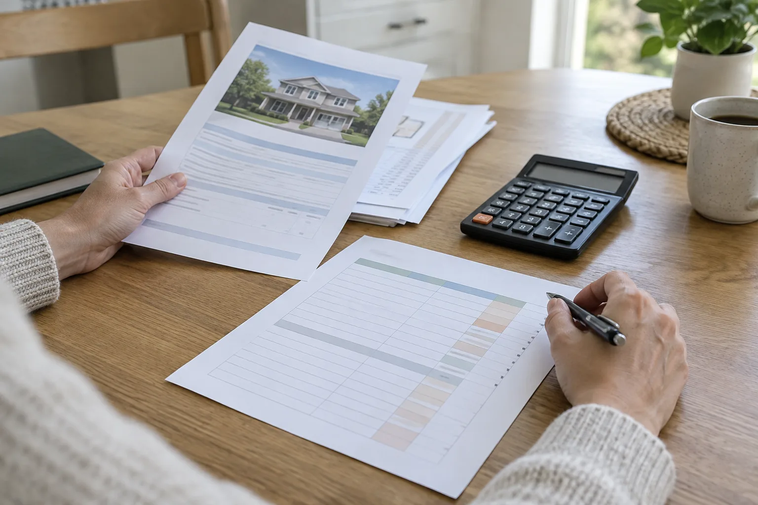 Des mains consultent des documents de prêt immobilier à côté d’une calculatrice.
