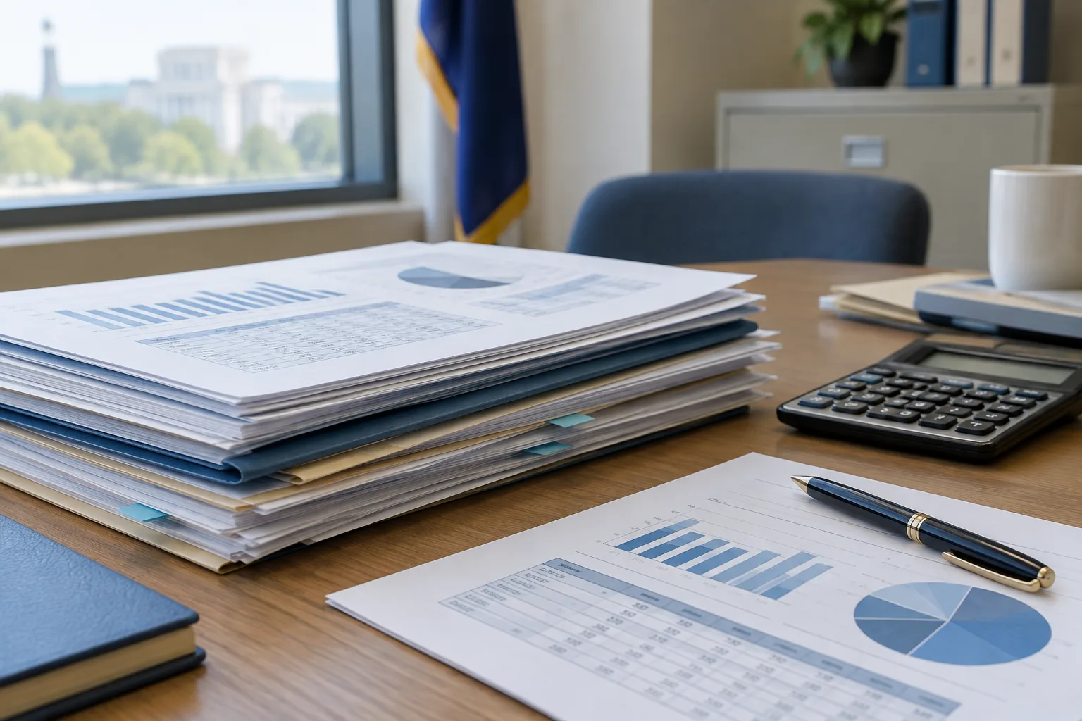 Des documents budgétaires et une calculatrice posés sur un bureau.