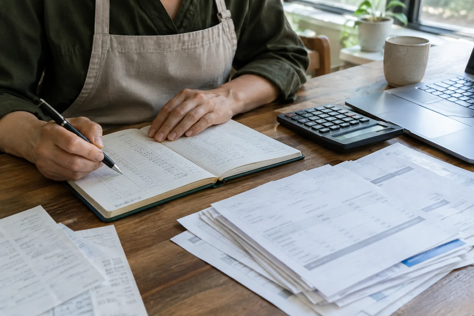 Une personne vérifie des factures et des comptes sur un bureau professionnel.