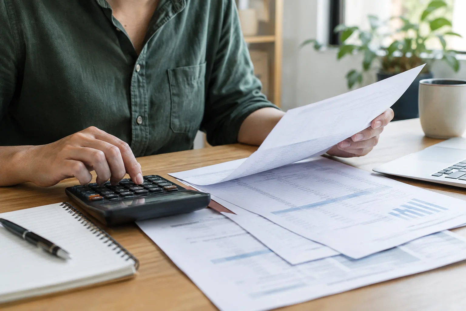 Des factures et une calculatrice posées sur le bureau d’une petite entreprise.