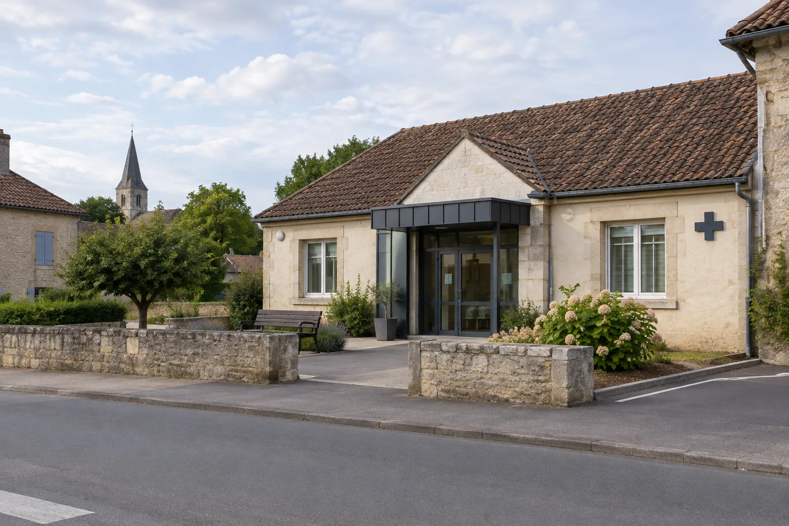 Un cabinet médical dans une petite commune, au bord d’une rue calme.
