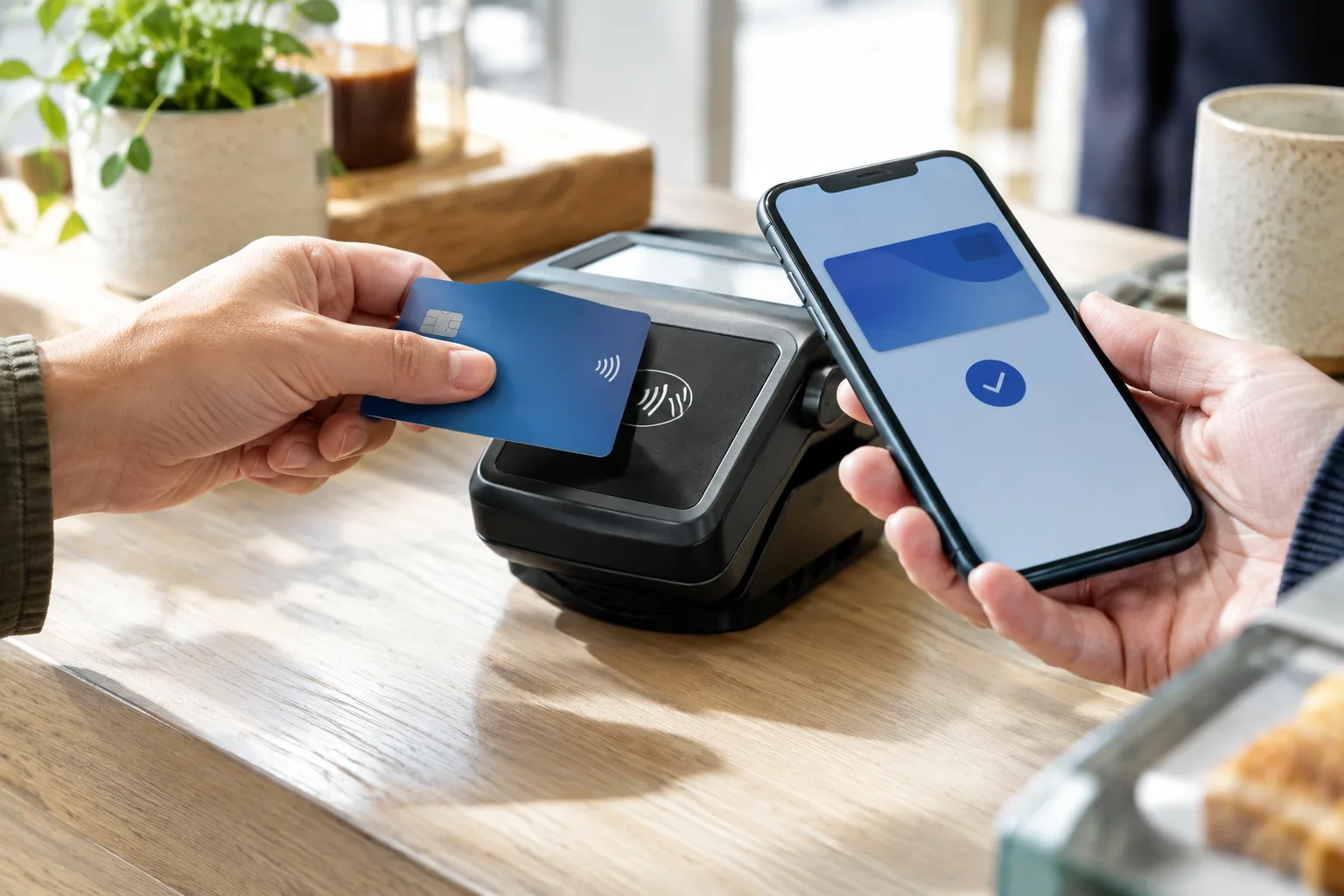 Des mains utilisent un téléphone et une carte près d’un terminal de paiement.