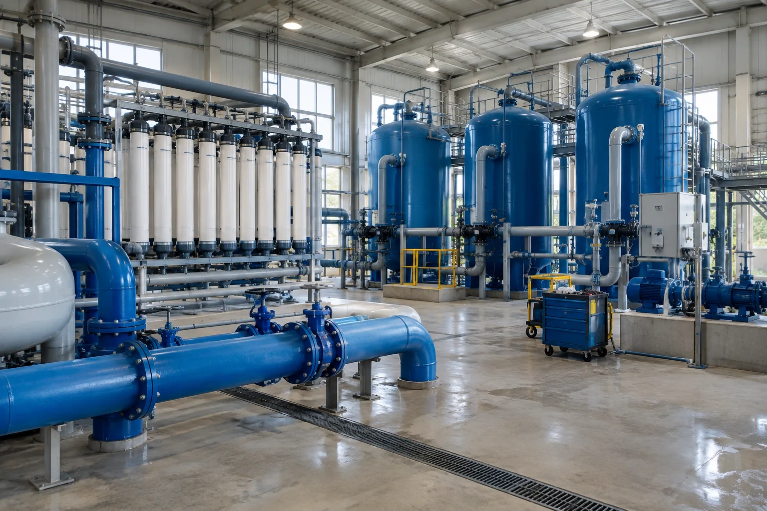 Des canalisations et des bassins dans une installation de traitement de l’eau.