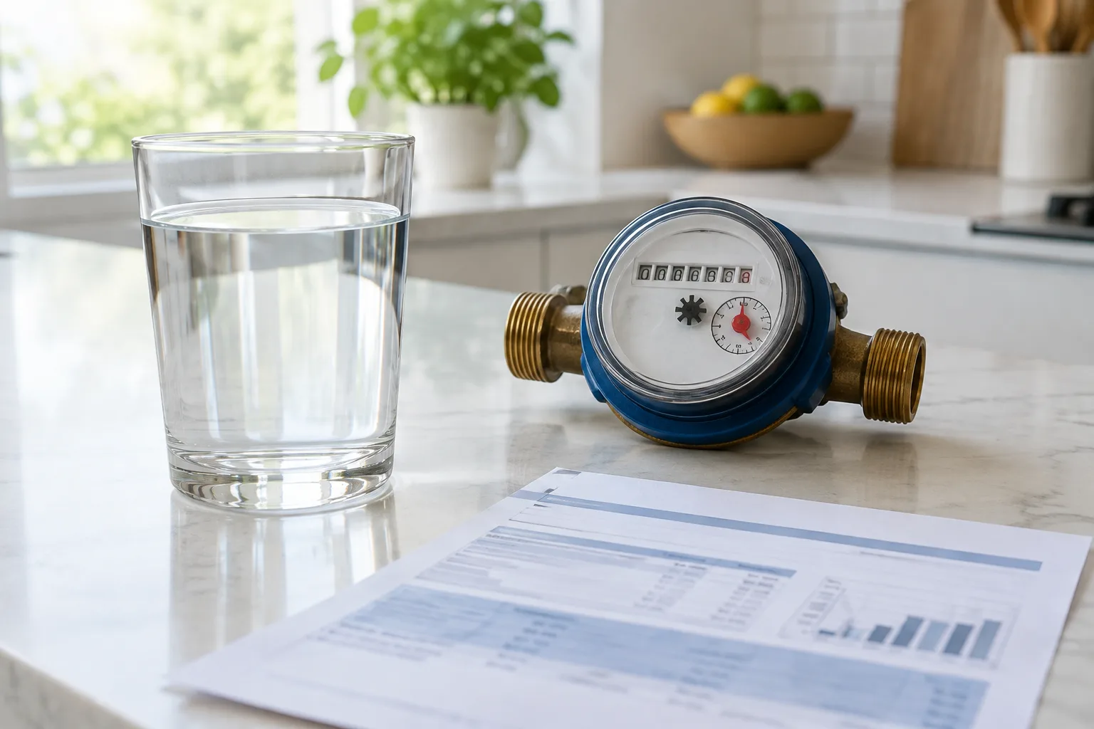 Un verre d’eau posé près d’un compteur domestique et d’une facture.