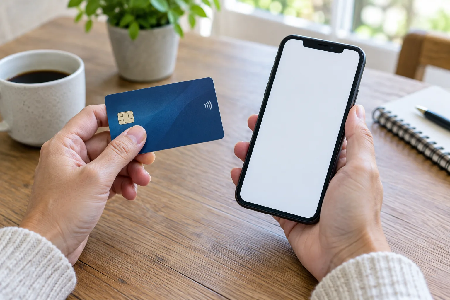 Des mains utilisent une carte bancaire à côté d’un téléphone.