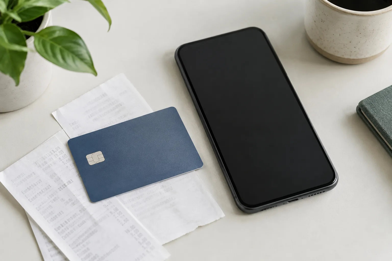 Une carte bancaire, un téléphone et des reçus posés sur un bureau.