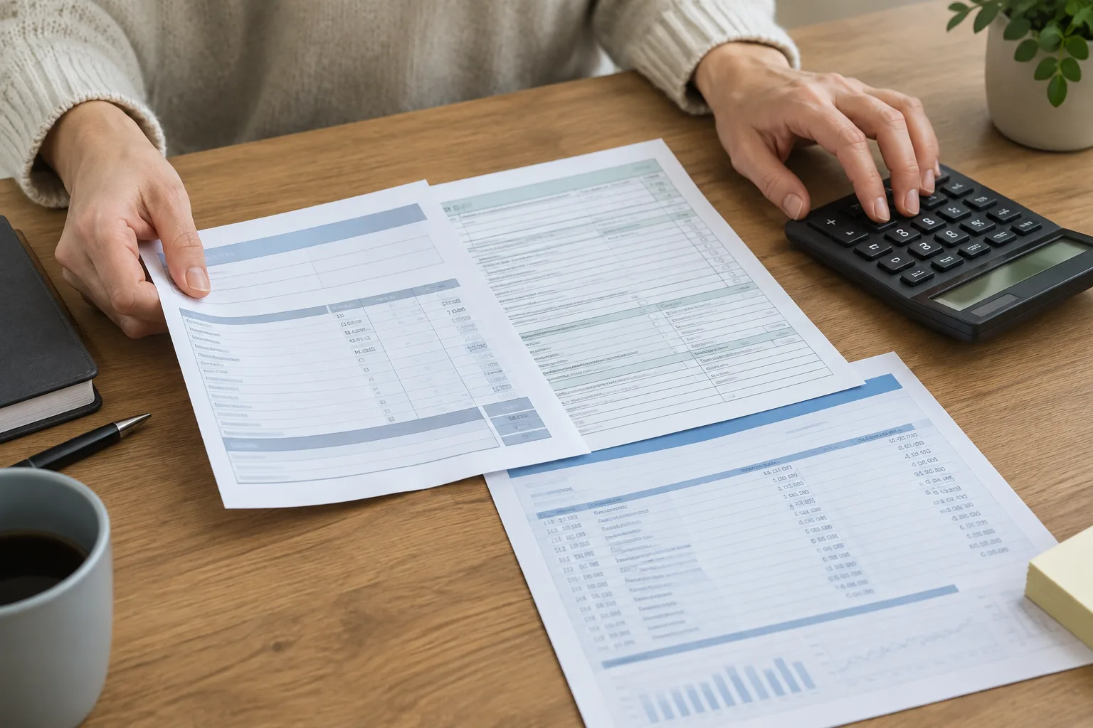 Des mains examinent une fiche de paie et des documents fiscaux à côté d’une calculatrice.