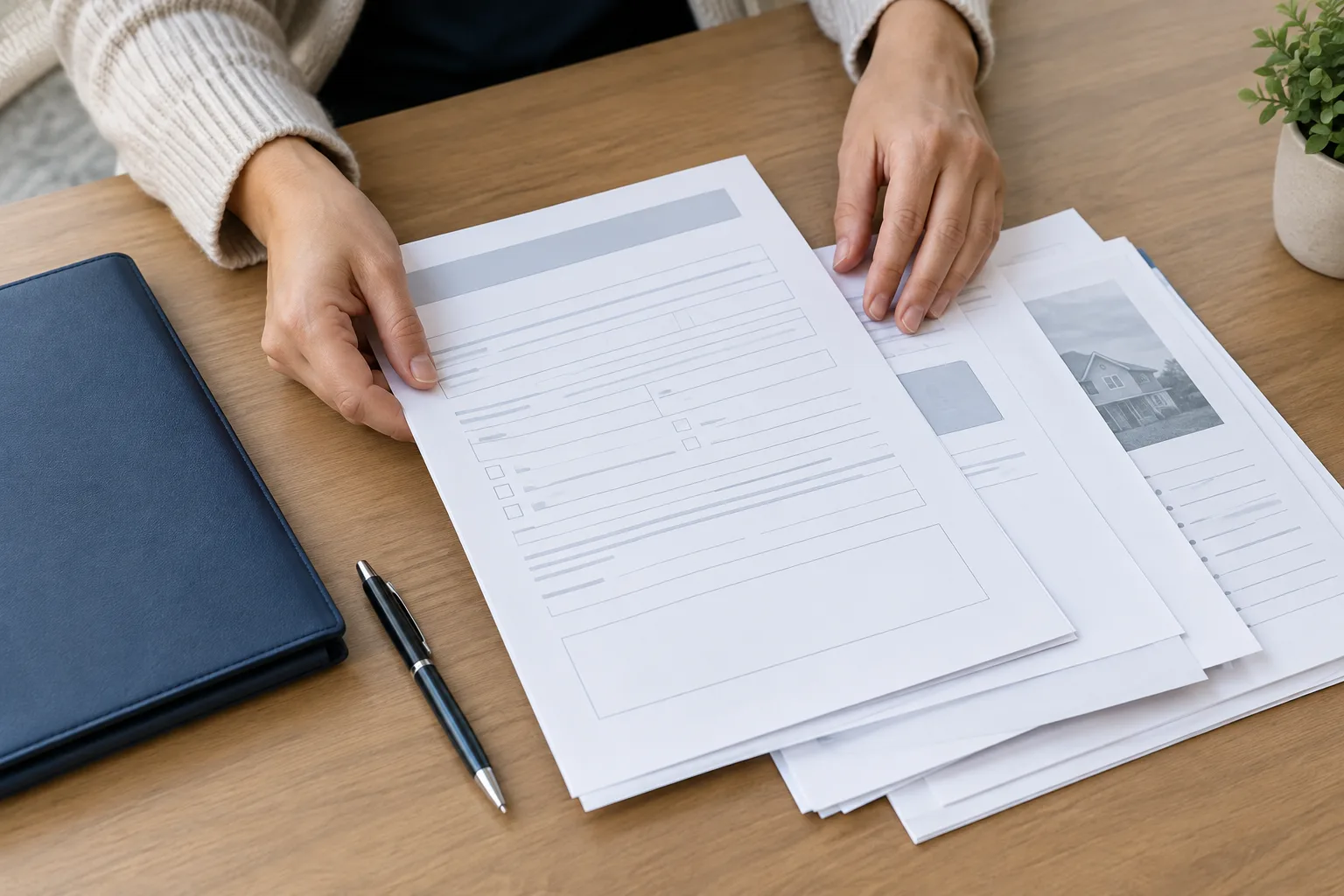 Des mains organisent des documents et un dossier de demande sur un bureau.