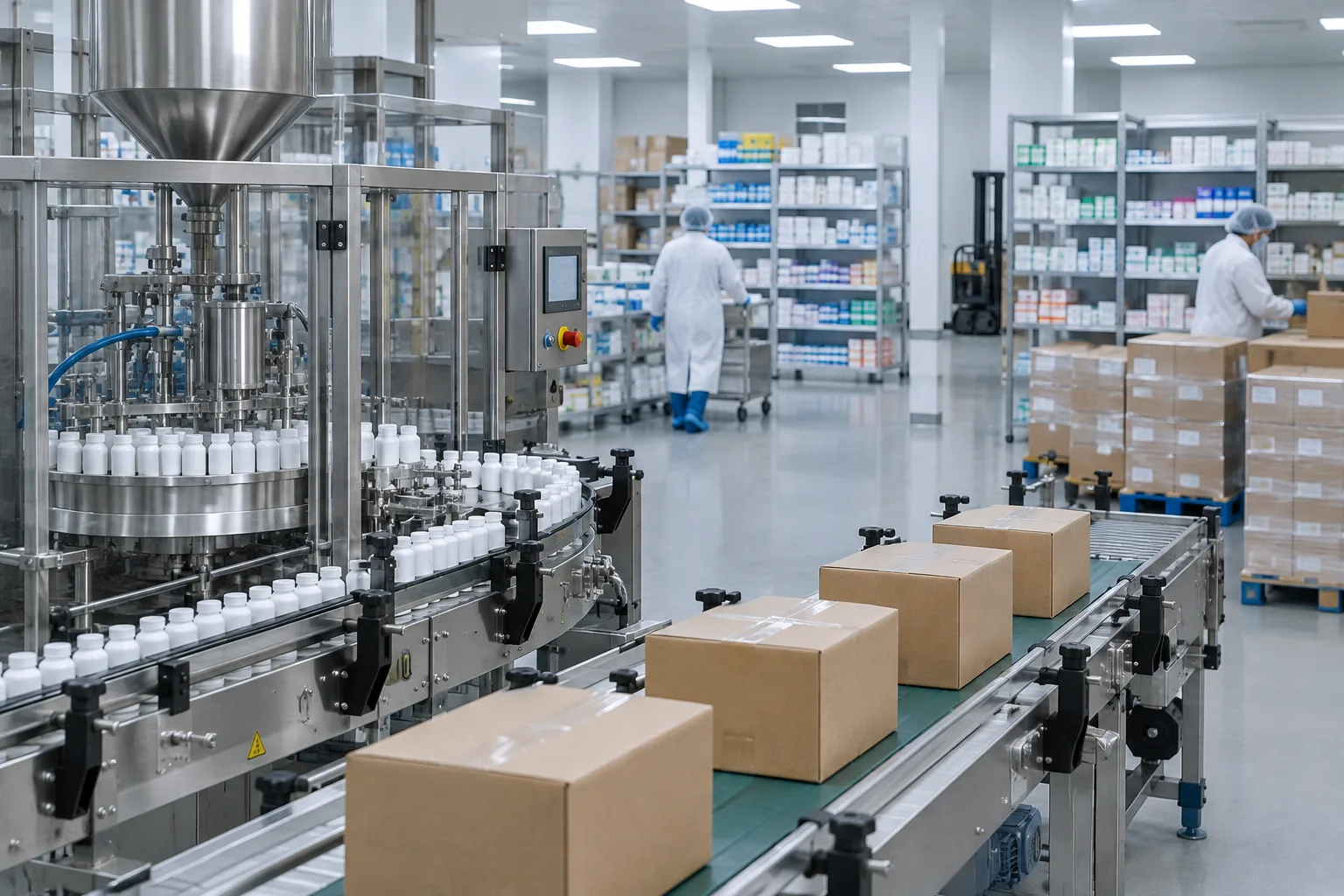 Des cartons de médicaments circulent dans un espace de production pharmaceutique.