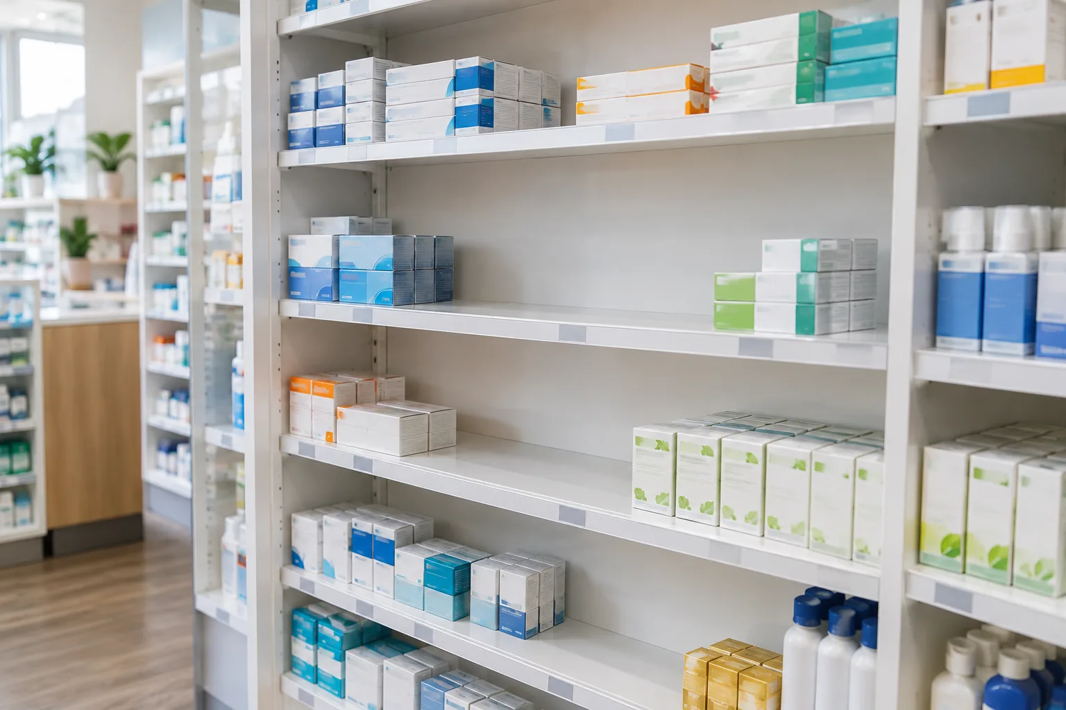 Des boîtes de médicaments rangées sur une étagère de pharmacie où quelques emplacements sont vides.
