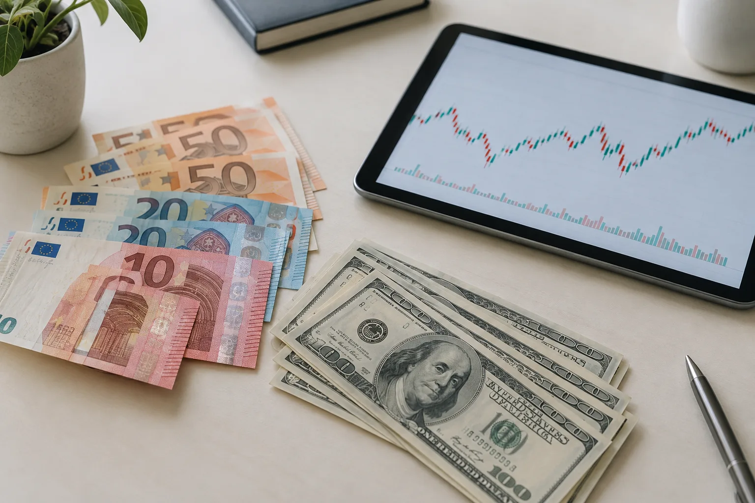 Des billets en euros et en dollars posés près d’un écran affichant une courbe financière.