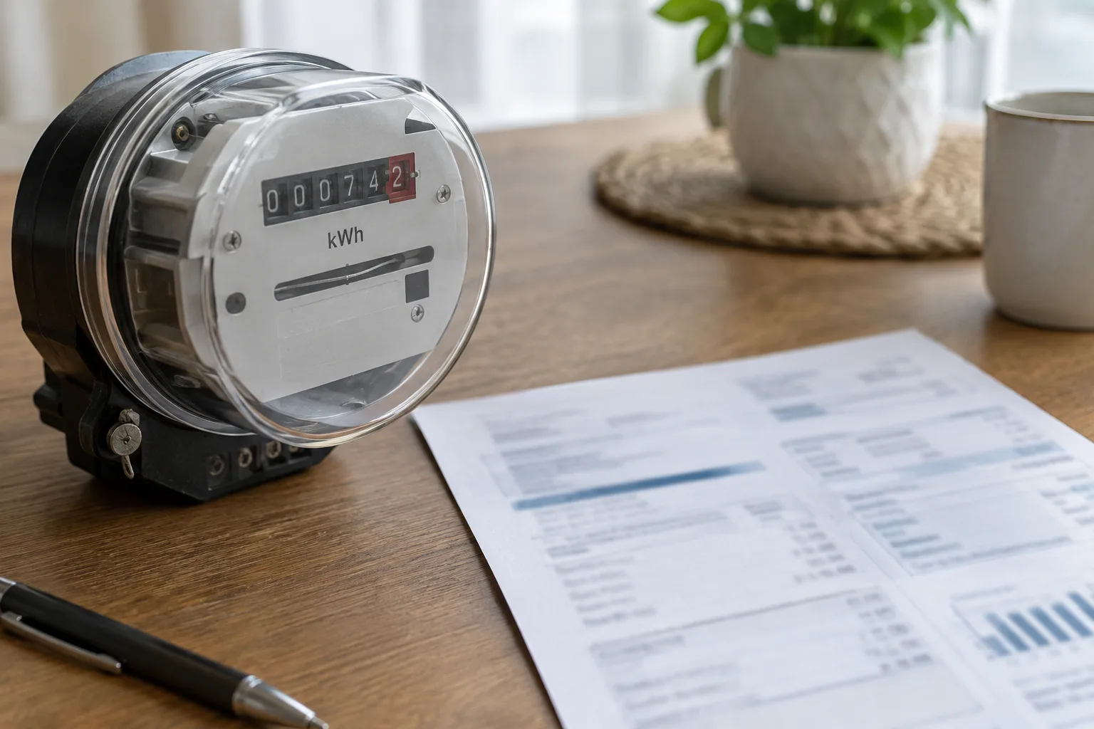 Un compteur électrique à côté d’une facture dont les informations ne sont pas lisibles.