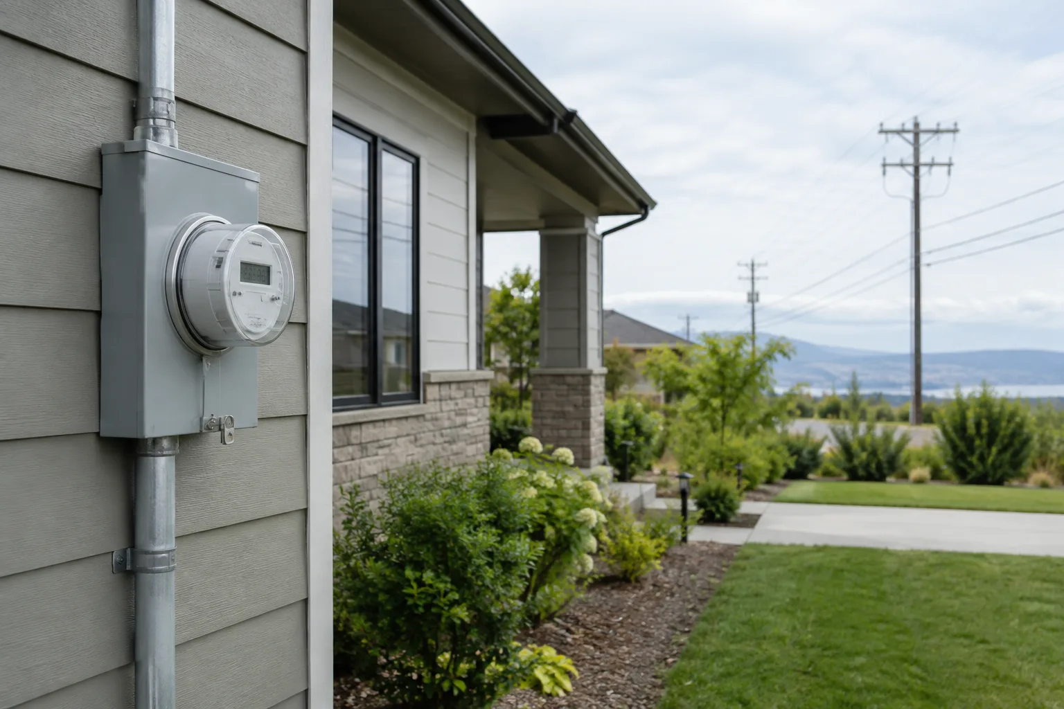 Un compteur électrique installé près d’une maison, avec des lignes électriques au loin.