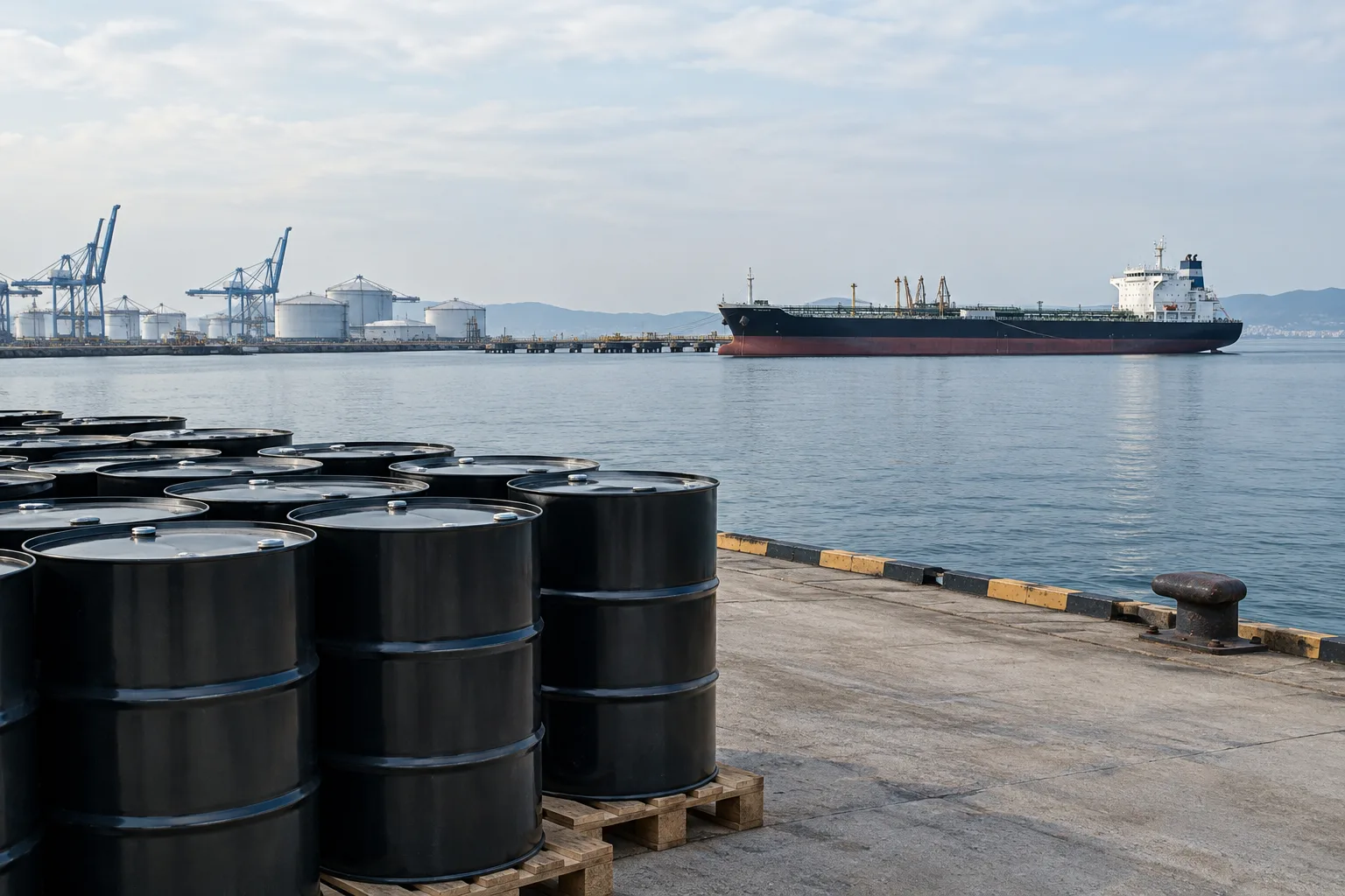 Des barils de pétrole entreposés près d’un port où se trouve un pétrolier.