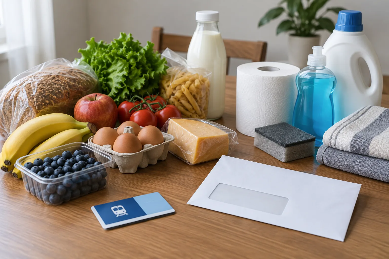 Des produits alimentaires et des objets du quotidien réunis pour illustrer les différentes dépenses des ménages.