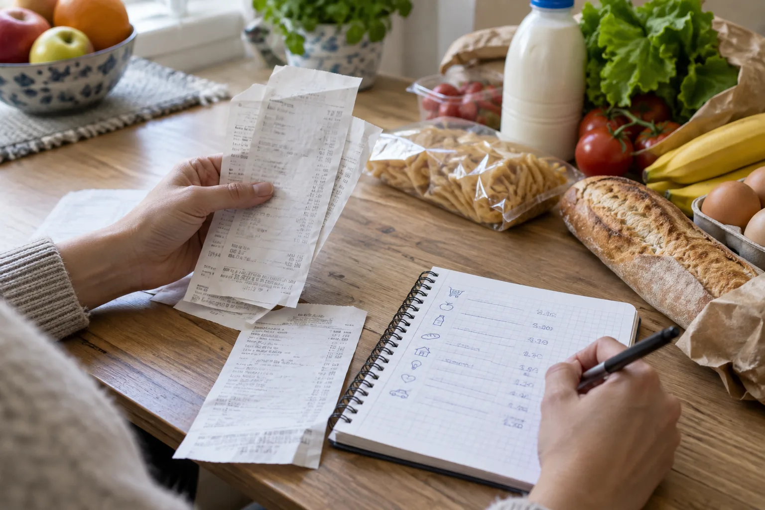 Des reçus de courses et un carnet de budget posés sur une table avec quelques produits alimentaires.