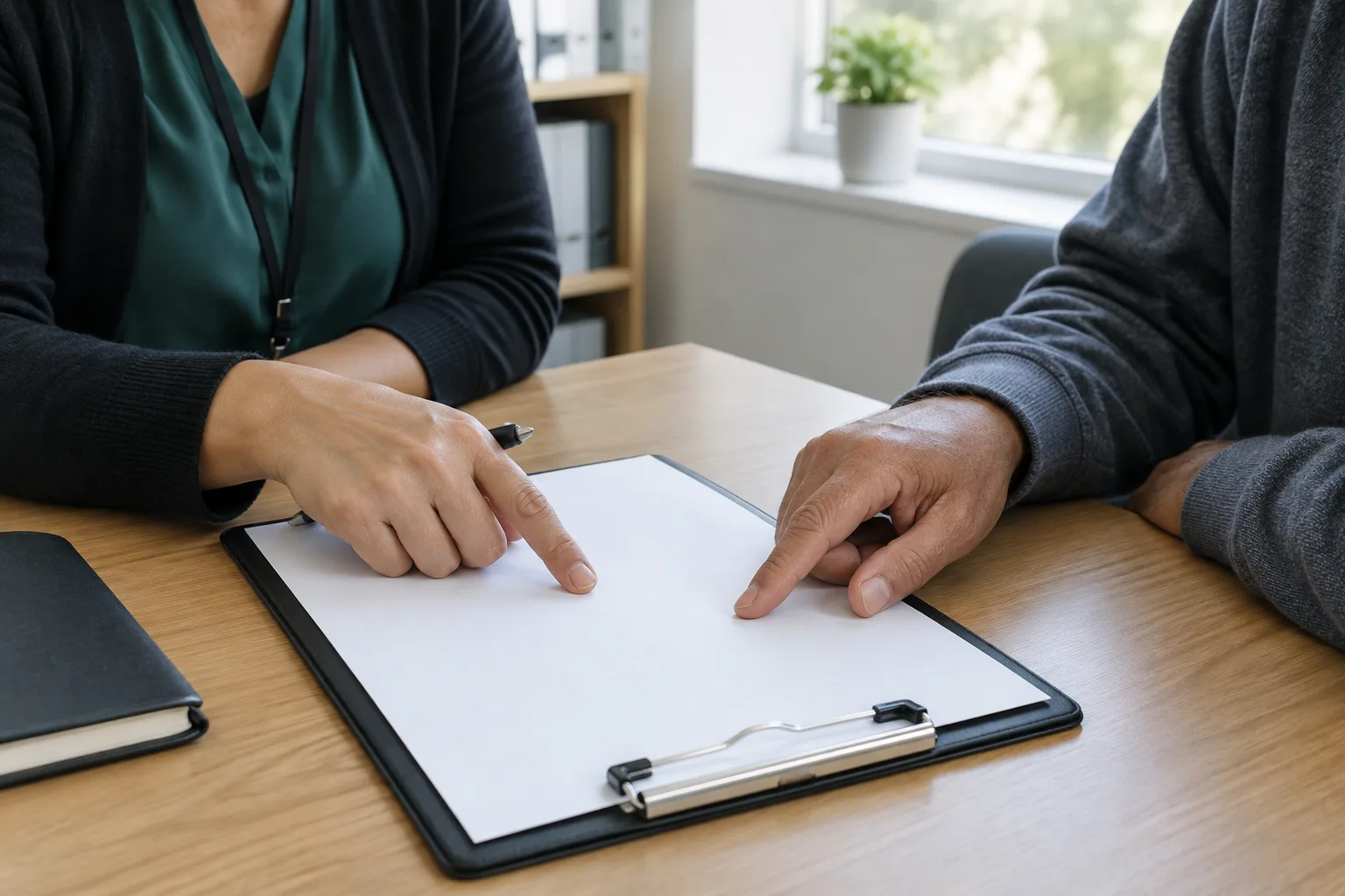 Des mains examinent un document vierge lors d’un rendez-vous d’accompagnement.