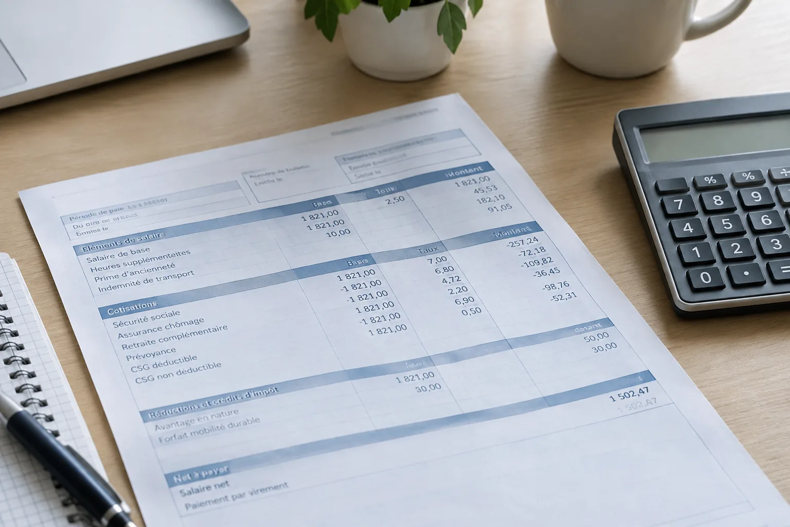Une fiche de paie et une calculatrice posées sur un bureau.
