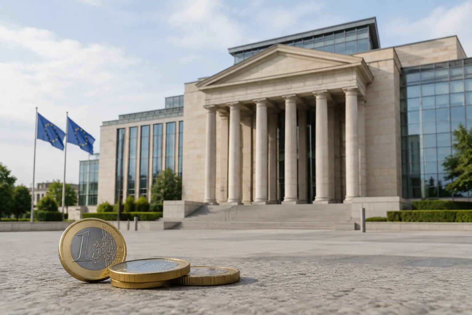 Bâtiment institutionnel européen évoquant la politique monétaire, avec des pièces en euros au premier plan.