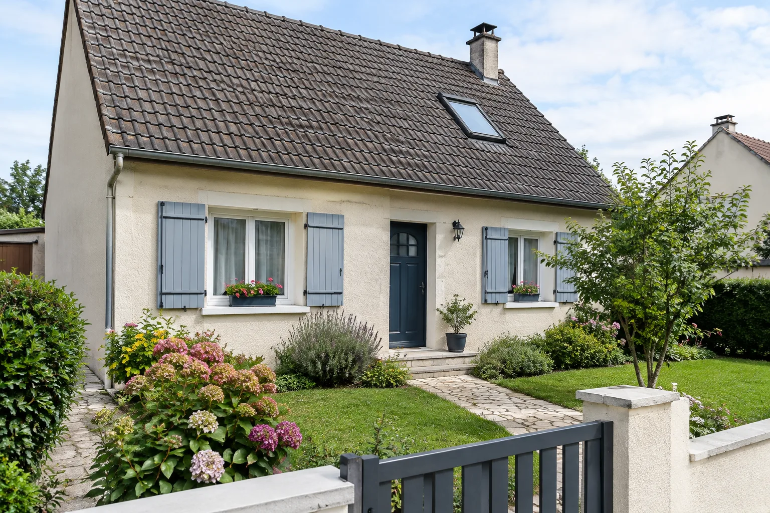 Façade d’une maison avec son jardin et ses fenêtres visibles