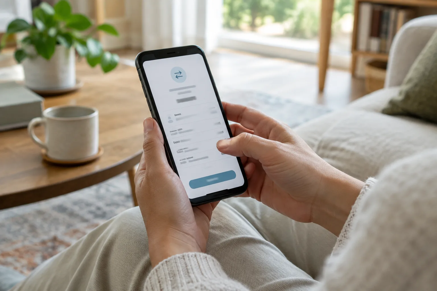 Des mains consultent un téléphone avant d’effectuer un virement bancaire.